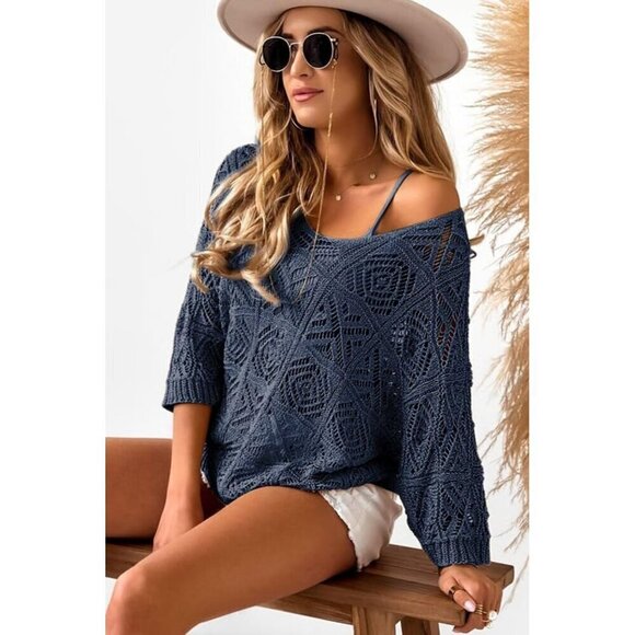 Dokotoo Women's Spring Summer  3/4 Sleeve Navy Blue Off Shoulder Sweater - Picture 2 of 6